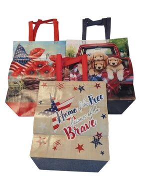 NWOT Patriotic Puppies, Poppies & "Home Of The Free" Reusable Tote Bags